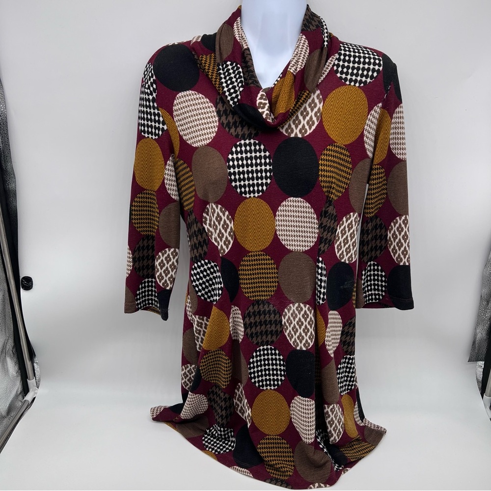 luc FoNTaiNe Stylish Circle Abstract Pattern on Burgundy Base Mini Dress Size 4
